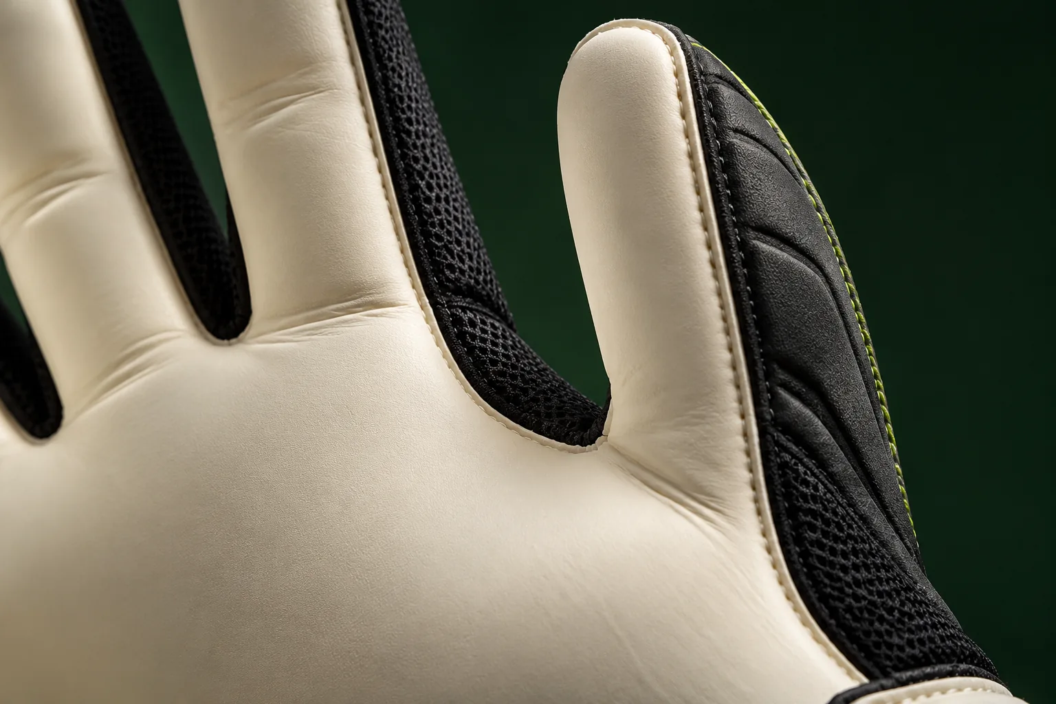 Close-up design concept of a latex goalkeeper glove palm and stitched textile panels