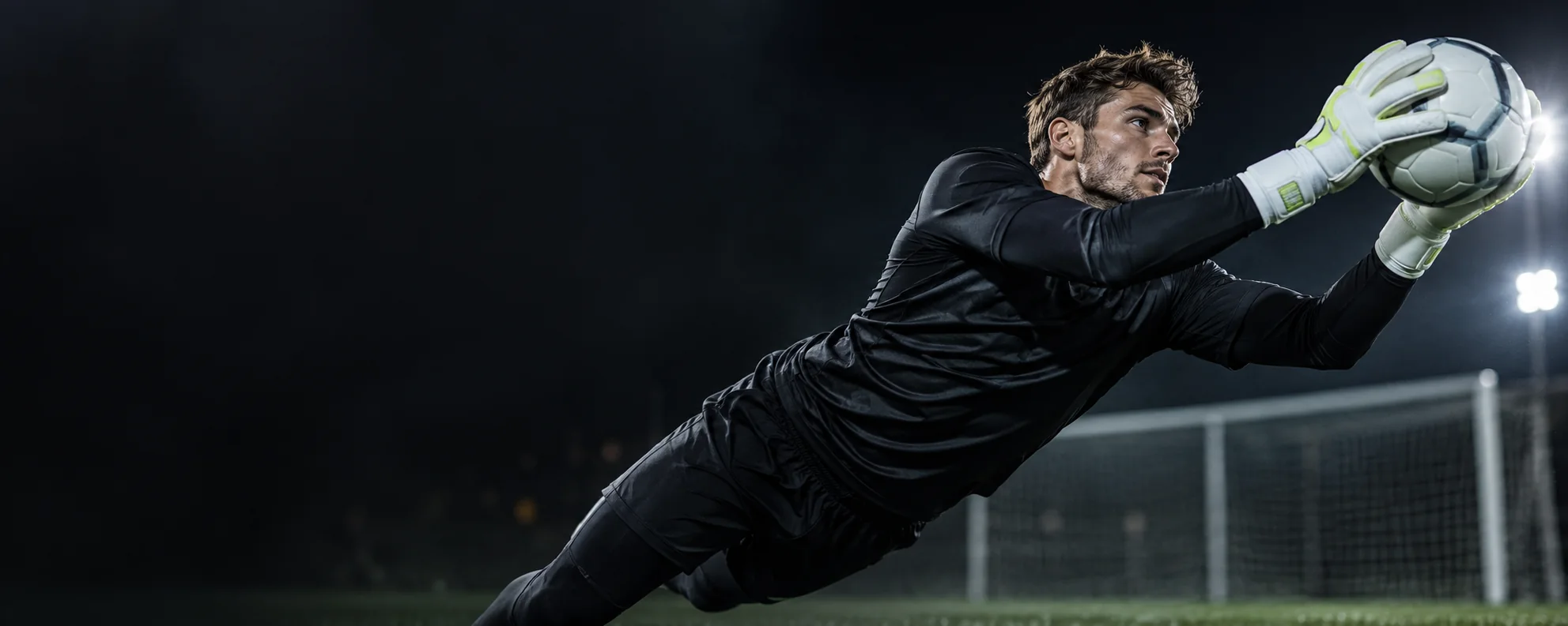 Goalkeeper making a two-handed save in white gloves with lime details on a dark football pitch